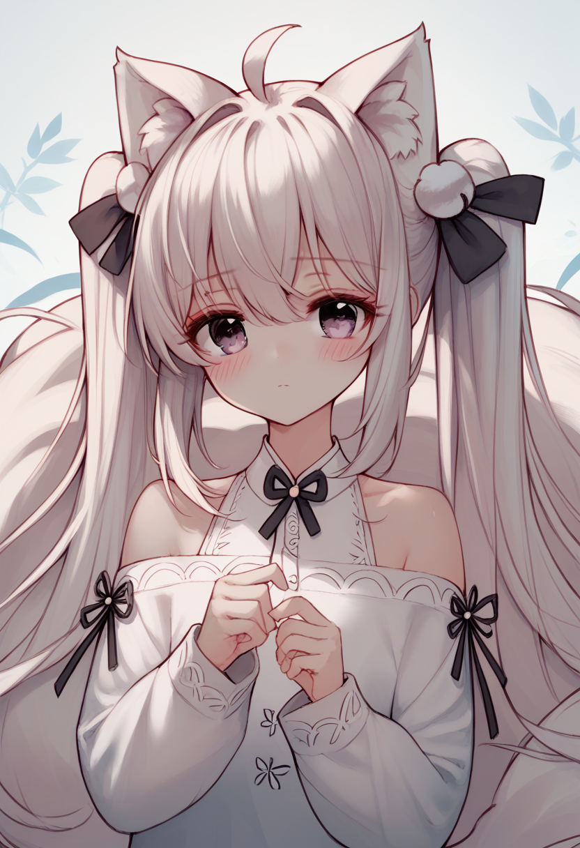 score_9, score_8_up, score_7_up, score_6_up, 1girl, solo, long hair, looking at viewer, blush, bangs, shirt, hair ornament, long sleeves, ribbon, animal ears, hair between eyes, bare shoulders, brown eyes, twintails, closed mouth, tail, hair ribbon, upper body, white shirt, ahoge, white hair, animal ear fluff, grey eyes, black ribbon, off-shoulder shirt, 
<lora:tando_v0.4-pony:1>