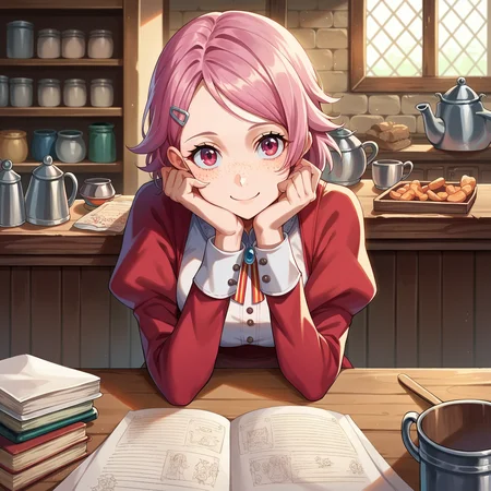 score_9, score_8_up, score_7_up, source_anime,
<lora:Sword Art Online - Lisbeth:1> SAOLisbeth, boots, apron, long sleeves, red dress, hairclip, freckles, 
pov across table,  medieval, desk, shop, head rest, 
looking at viewer, smile,