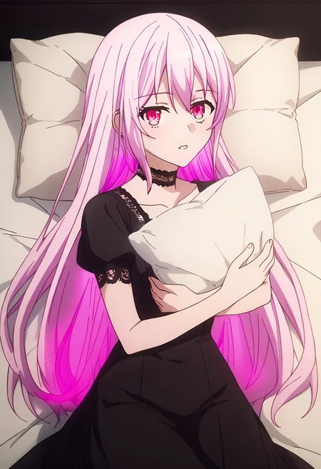 score_9, score_8_up, score_7_up, score_6_up, score_5_up, score_4_up, <lora:Urushihara Satoshi_XL_PONY_V2:0.9>, masterpiece, volumetric lighting, vibrant colors, source_anime, perfectly detailed face and body and eye, 1girl, solo, Kisara, very long hair, pink eyes, pink hair, looking at viewer, half-closed eyes, parted lips, high resolution, perfect hands, black sundress, short sleeves, lace trim, black lace stockings, black lace choker, collarbone, thighs, hugging pillow, holding large pillow, laying down, laying on side, pillows, on bed, bed, bedroom, sunny, from above, far view, (fantasy-style), (shoujo-style), manhwa-artstyle