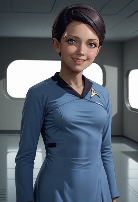 score_9, score_8_up, score_7_up, source_anime, head tilt, happy, smile, full body shot, (walking:1.1),
BREAK
<lora:KaraDBH:1> 1girl, short hair, black hair, blue eyes, lips, pixie cut, small breasts, (slim hips:1.1), skinny, slender,
BREAK
<lora:ponytosnewV2:1> stunf, star trek uniform, blue uniform, dress,
BREAK
indoors, on spacecraft, space, windows, science fiction, polished_floor, clean, star trek,
BREAK
volumetric lighting, depth of field, cinematic, vibrant, shadows, detailed, high contrast,âââ <lora:vivid_everclear:0.3>,âââ
