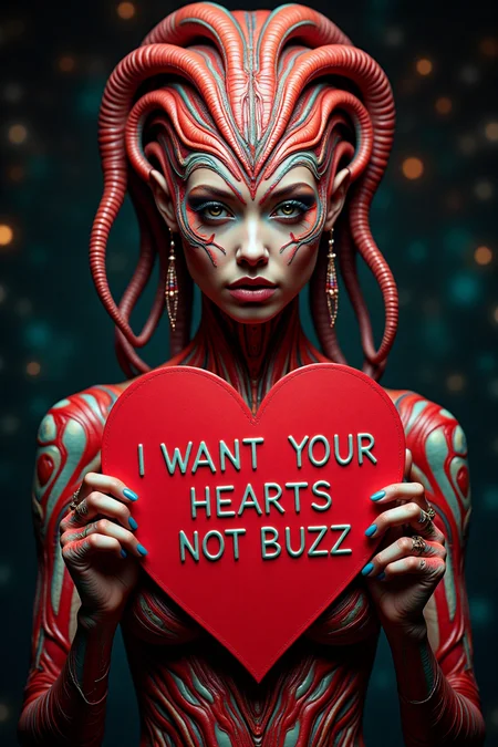 intricate alien beautiful woman, holding a red heart shaped card that says "I WANT YOUR HEARTS NOT BUZZ"