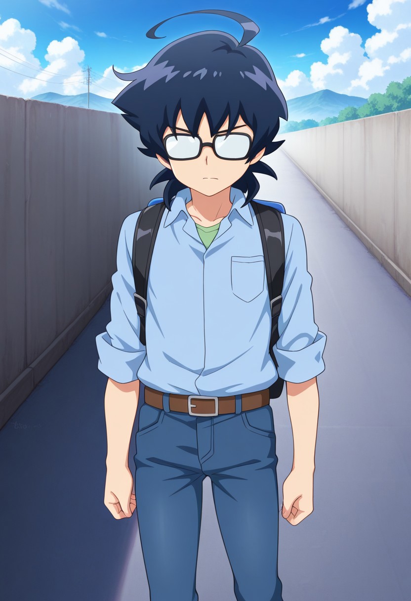 masterpiece,best quality,amazing quality, source_anime,
hirozora, 1boy, male focus, solo, glasses, opaque glasses, blue hair, medium hair, ahoge, shirt, blue shirt, collared shirt, sleeves rolled up, backpack, belt, jeans,
day, sky, clouds,