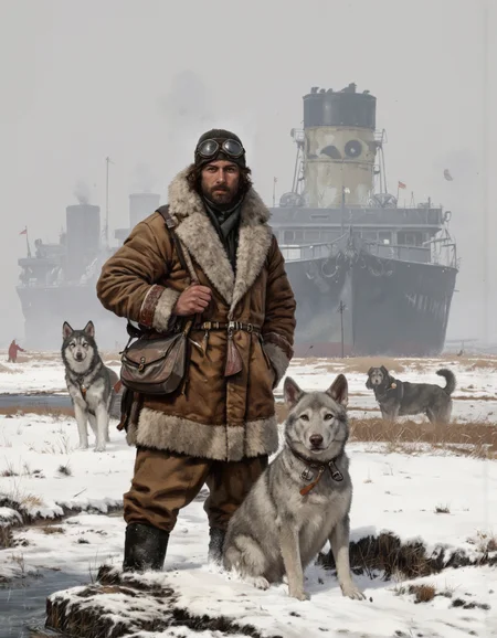 By Jakub Rozalski. A realistic digital illustration shoot from a front camera angle about a man standing in a snowy landscape with two dogs, wearing a fur-lined jacket and goggles, with a serious expression. in the middle of the image, a man, who appears to be in his late 20s, is standing confidently with his arms at his sides. he has a muscular build and a beard, and is wearing a pair of goggles on his head. he is facing the viewer, looking directly at them with a neutral expression. behind him, two large, grey-colored dogs, one standing and one walking, are also visible. the man is also wearing a brown fur coat with fur trim, and has a bag slung over his shoulder. the background shows a desolate landscape with a large ship in the distance and a few other figures in the background. the scene is set against a hazy, misty sky, and the overall atmosphere is cold and desolate.