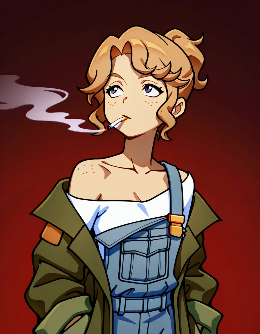masterpiece, best quality, absurdres, detailed hair, ultra detailed face, detailed body, highres, highly detailed character

DeToni, green jacket, shoulder patches, denim overalls, White Undershirt, one strap lowered, cigarette, smoking, lowered jacket,   halfbody, anime style, bare shoulders, looking to the side, looking up,