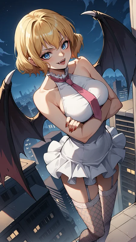 score_9,score_8_up,score_7_up,score_6_up, source_anime, zPDXL, <lora:xl_more_art-full_v1:0.5>, woman, short hair, blonde hair, blue eyes, white dress, short dress, halterneck, vampire wings, bat wings, fangs, pink tie, fishnet thighhighs, white thighhighs, <lora:Stussy - Pony:0.6>, dynamic pose, arms crossed, night sky, darkness, night city, skyscraper, on rooftop, night, from above,