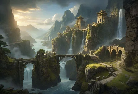 masterpiece, best quality, ultra detailed, professional light, cinematic lighting, ambient lighting, atmospheric effects, epic landscape, fantasy city, ruins, waterfall, mountains, cliff, bridge, Kintsugi, path, clouds
