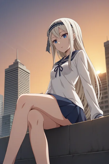 score_9, score_8_up, score_7_up, source_anime, 1girl, prefect lighting, very aesthetic, intricate details, highly detailed background, masterpiece, high quality, prefect hands, best quality, solo,
<lora:Kei_Shirogane_Kaguya-sama_Love_Is_War_V1:.85>, KJOkei, white hair, blue eyes, long hair, headband, 
white school uniform, long sleeves, 
expressionless, parted lips, from below, sitting on ledge, crossed legs, 
city, street, sunset, 
(Beautiful, small Breasts:1.2), natural breasts,