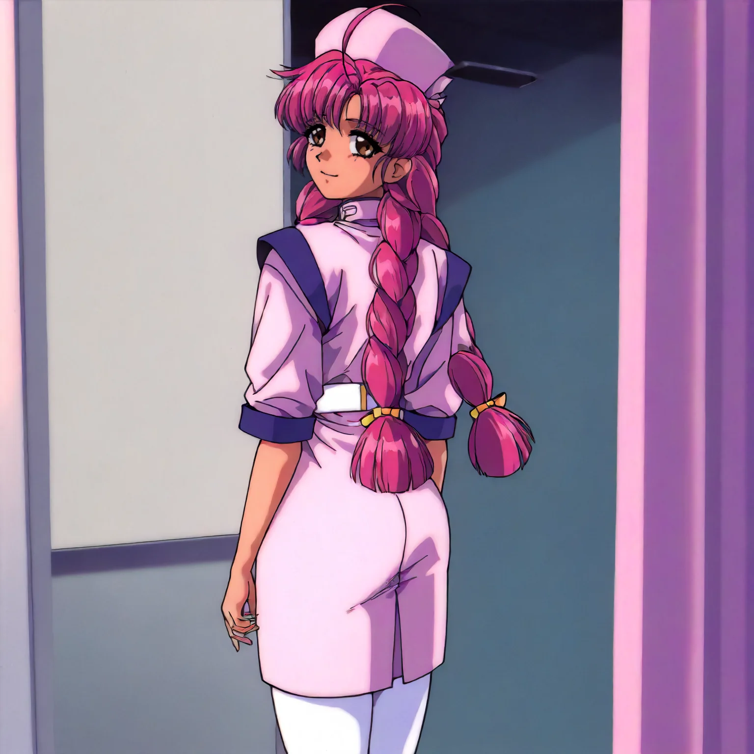 <lora:NBnH_RieMakinoXLIllustrious003>,
masterpiece,best quality,good quality,newest,
detailed background,indoors,
smile,
looking at viewer,
solo,
RieMakino,1girl,pink hair,ahoge,twin braids,long hair,brown eyes,
nurse_cap,nurse,
white belt,
skirt,
white_pantyhose,
standing,looking back,