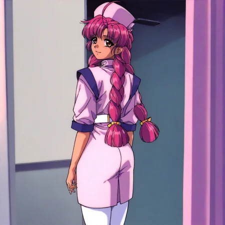 <lora:NBnH_RieMakinoXLIllustrious003>,
masterpiece,best quality,good quality,newest,
detailed background,indoors,
smile,
looking at viewer,
solo,
RieMakino,1girl,pink hair,ahoge,twin braids,long hair,brown eyes,
nurse_cap,nurse,
white belt,
skirt,
white_pantyhose,
standing,looking back,