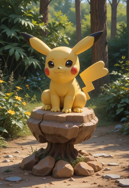 a RAW ultra-realistic photo, UHD,8K, masterpiece, best quality, higres, high detail, depht of view, score_9,score_8_up,score_7_up,embedding:zPDXL2, Expressive,colorful, , A small figurine of a Pokemon is sitting on a bed of rocks. The figurine is yellow with orange spikes on its back. It has black ears and black eyes., pikachu, solo, smile, closed_mouth, standing, full_body, outdoors, day, blurry, pokemon_\(creature\), no_humans, blurry_background, claws, rock,<lora:增强\(收藏)\sdxl_lightning_8step_lora.safetensors:1.0:1.0> <lora:(风格)\(收藏)\Expressive_H-000001.safetensors:0.8:0.8> <lora:(风格)\(收藏)\GN_v1.4.safetensors:0.4:0.4> <lora:增强\(收藏)\Hands XL 4.safetensors:1.0:1.0> <lora:Envy Pony Pretty Eyes 01.safetensors:0.3:0.3>