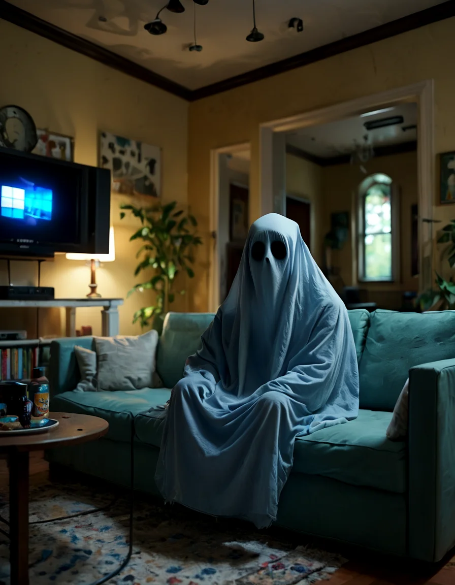 score_9, score_8_up, score_7_up, ghostlora, ghost, watching tv, sitting on couch