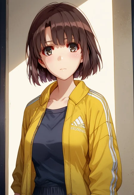 source_cartoon, score_9, score_8_up, score_7_up, solo focus, Expressiveh, watercolor \(medium\), traditional media, down jacket, 1girl is megumi katou, brown hair, short hair, brown eyes, perfect face, beautiful face, face focus, ((The down jacket zipped up to the neck)), and a small, embroidered yellow Adidas logo on the left chest. The down jacket has a quilted texture with visible seams. The megumi katou hands are large and gloved, with thick, padded fingers and palms, indicating a robust, protective design. It wears black pants with a similar padded texture. The megumi katou feet feature futuristic, yellow neon sneakers with a small touch of yellow neon lines. The overall aesthetic is a blend of cyberpunk and high-tech fashion, down jacket