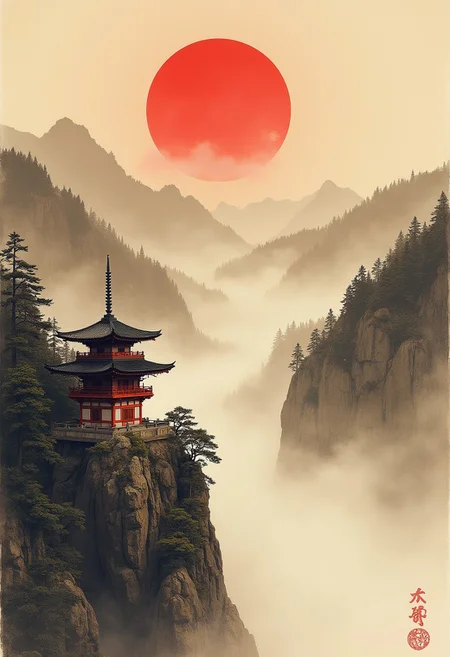 traditional japanese art style, ink on paper, wabi-sabi, henna and carmine, sepia, BREAK,
a shinto temple located on an outcrop overlooking a chasm between mountains, misty, red sun