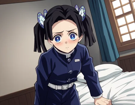 score_9, score_8_up, score_7_up, source_anime,
aoikanzaki, <lora:aoi-kanzaki-anime-ponyxl-lora-nochekaiser:1>,
aoi kanzaki, blue eyes, black hair, hair ornament, twintails, butterfly hair ornament,
long sleeves, belt, pants, blue jacket, white belt, demon slayer uniform, blue pants,
indoors, bed, bed room, on side, blush, drunk,
solo, looking at viewer, cowboy shot, dutch angle,