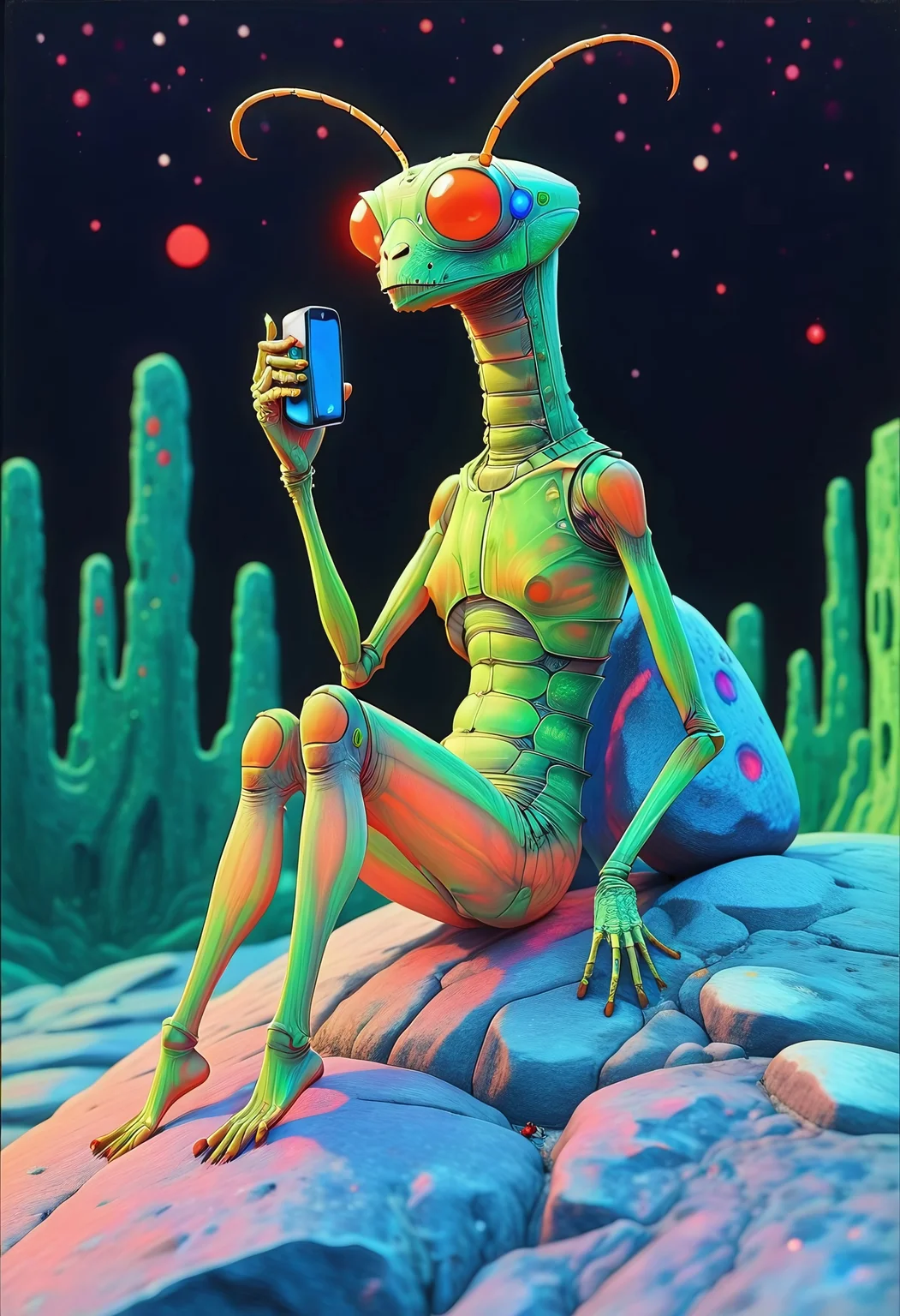 acidillust, x-ray, close-up photograph of an anthropomorphic mantis dude sitting on a rock with his phone, night, green wall forest, overcast, starry sky, flickering snowflakes, glowing red snow