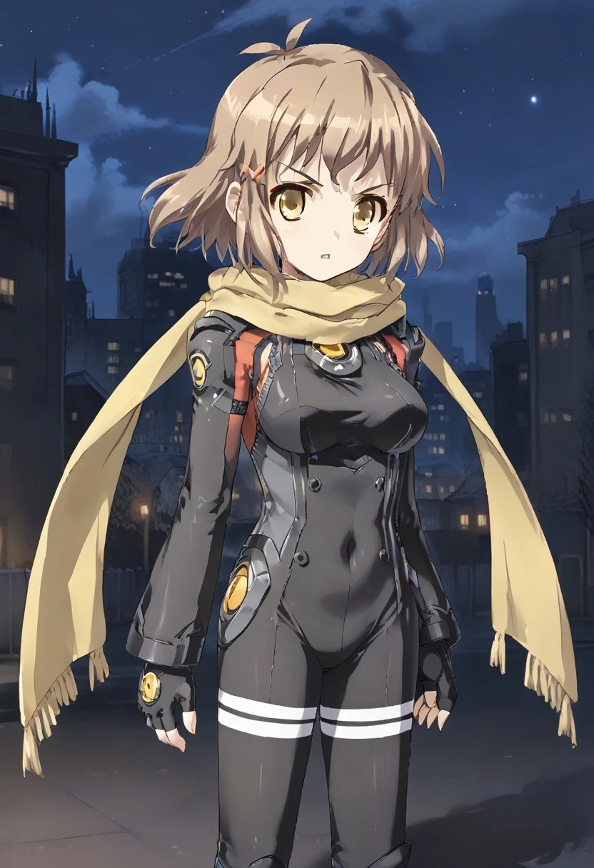 1girl, solo, thibikianotherif, brown hair, antenna hair, brown eyes, yellow eyes, short hair, hairclip, scarf, bodysuit, fingerless gloves, outdoors, night, cityscape, serious, parted lips, standing, cowboy shot, looking at viewer,