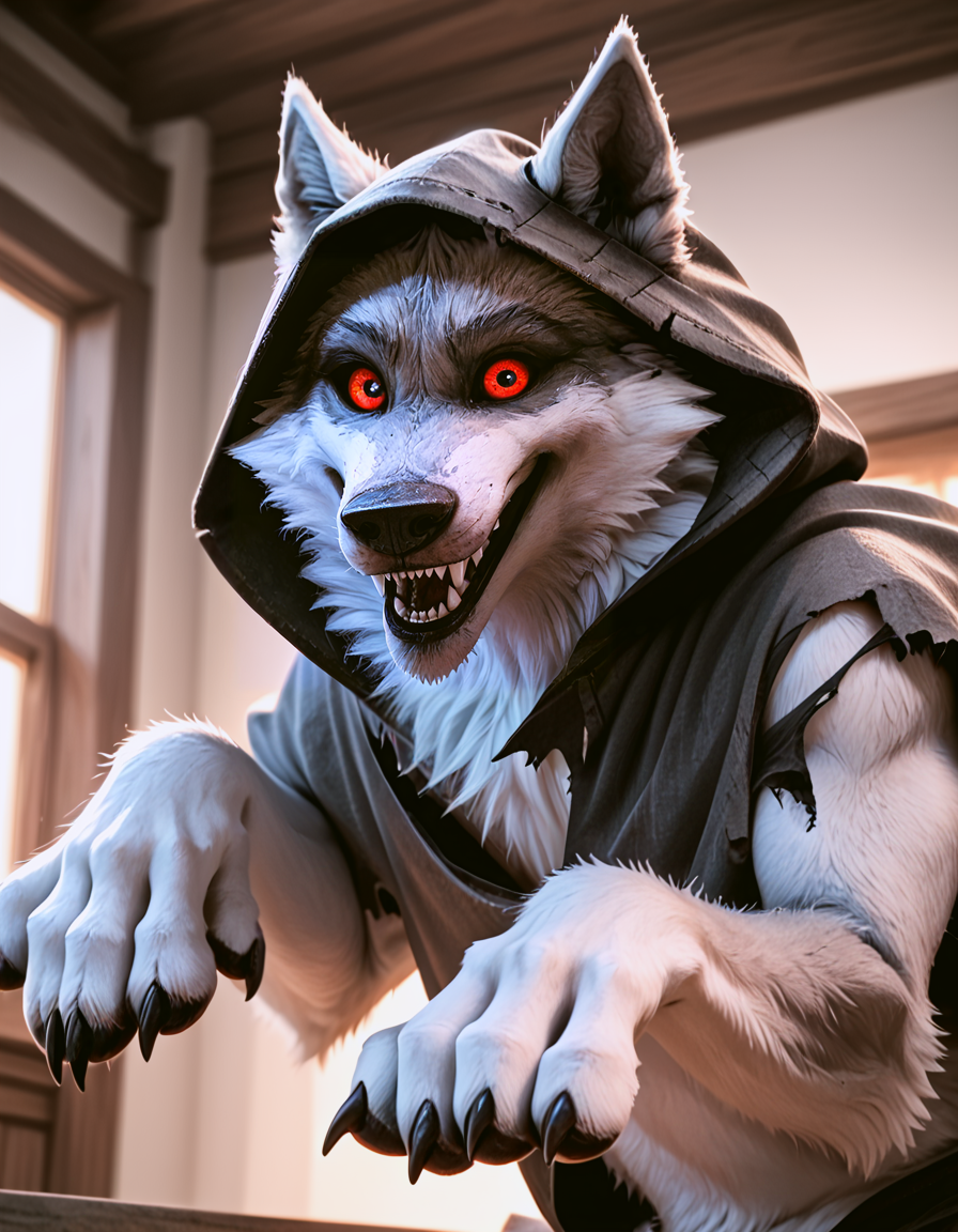 score_9, score_8_up, score_7_up, rating_safe,source_furry,d3ath,
feral, werewolf,biped,
solo, clothing, realistic, torn cloack, hood up, smile,  teeth,  open mouth, looking at viewer, inside, real, headgear, photorealism, 3d \(artwork\),
(outstreched arms, outstretched paws), view from below,
front lighting, frightening,
 <lora:Death_Puss_in_boots:0.9>