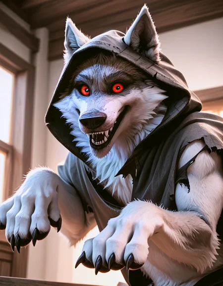 score_9, score_8_up, score_7_up, rating_safe,source_furry,d3ath,
feral, werewolf,biped,
solo, clothing, realistic, torn cloack, hood up, smile,  teeth,  open mouth, looking at viewer, inside, real, headgear, photorealism, 3d \(artwork\),
(outstreched arms, outstretched paws), view from below,
front lighting, frightening,
 <lora:Death_Puss_in_boots:0.9>