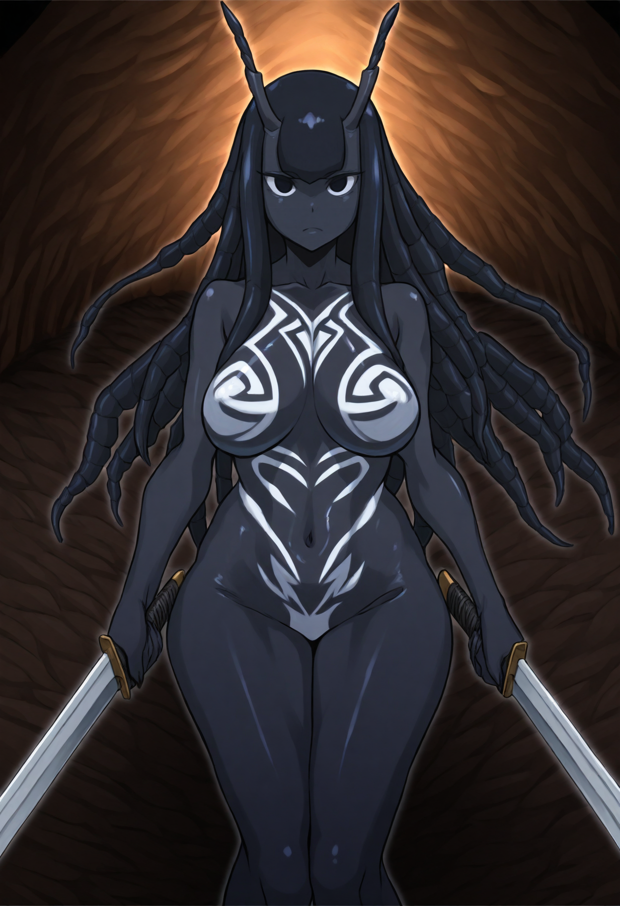 <lora:DittoHead7-8:1>
(perfect quality, best quality, masterpiece, absurdres, newest),
scales on body, husk, arthropod girl, white bodypaint, 1girl, ant_girl, antennae, black_eyes, breasts, cave, closed_mouth, commentary_request, completely_nude, convenient_censoring, dual_wielding, highres, holding, large_breasts, long_hair, looking_at_viewer, monster, navel, nude,  solo, sword, tentacle_hair, underground, weapon, black skin, husk, shiny skin,