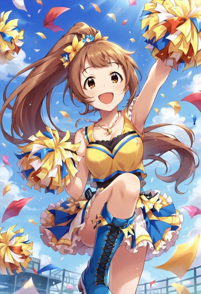 score_9, score_8_up, score_7_up, source_anime,wakabayashi tomoka, long hair, brown hair, ponytail, brown eyes, 1girl, solo, pom pom (cheerleading), confetti, jewelry, smile, hair ornament, open mouth, boots, flower, necklace, hair flower