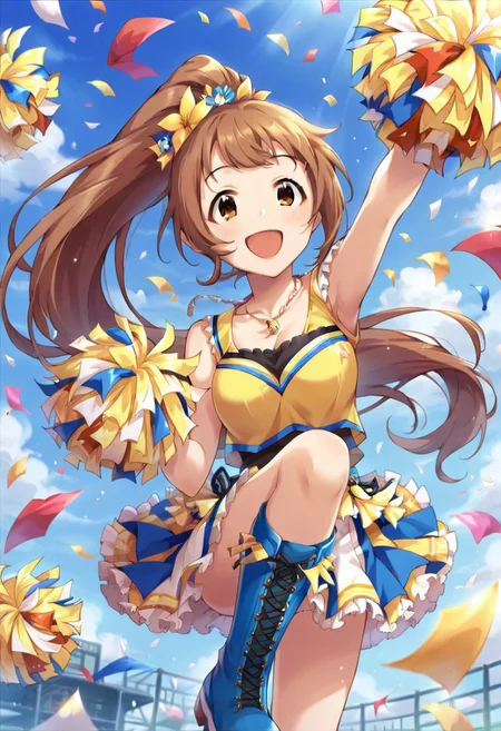 score_9, score_8_up, score_7_up, source_anime,wakabayashi tomoka, long hair, brown hair, ponytail, brown eyes, 1girl, solo, pom pom (cheerleading), confetti, jewelry, smile, hair ornament, open mouth, boots, flower, necklace, hair flower