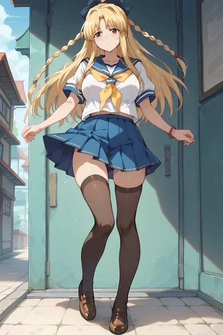 score_9, score_8_up, score_7_up, masterpiece, best quality,
<lora:pony_good_hands:0.5>, good_hands,
1girl, mature female,
large breasts, wide hips,
<lora:YuriKashima:0.7> YuriKashima, hair ribbon, twin braids,
serafuku, yellow neckerchief, black thighhighs, skirt, loafers,