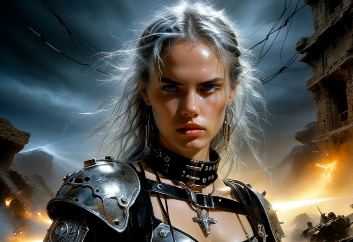 Silver-haired young woman,
piercing light blue eyes,
black leather battle gear,
wielding a silver blade,
enhancing the silver hair's texture and leather's intricate details,
talking with fellow warriors,
under dramatic lighting,
ultra realistic,
highly detailed.,
sf,
intricate artwork masterpiece,
ominous,
matte painting movie poster,
golden ratio,
trending on cgsociety,
intricate,
epic,
trending on artstation,
by artgerm,
h. r. giger and beksinski, Luis Royo
highly detailed,
vibrant,
production cinematic character render,
ultra high quality model