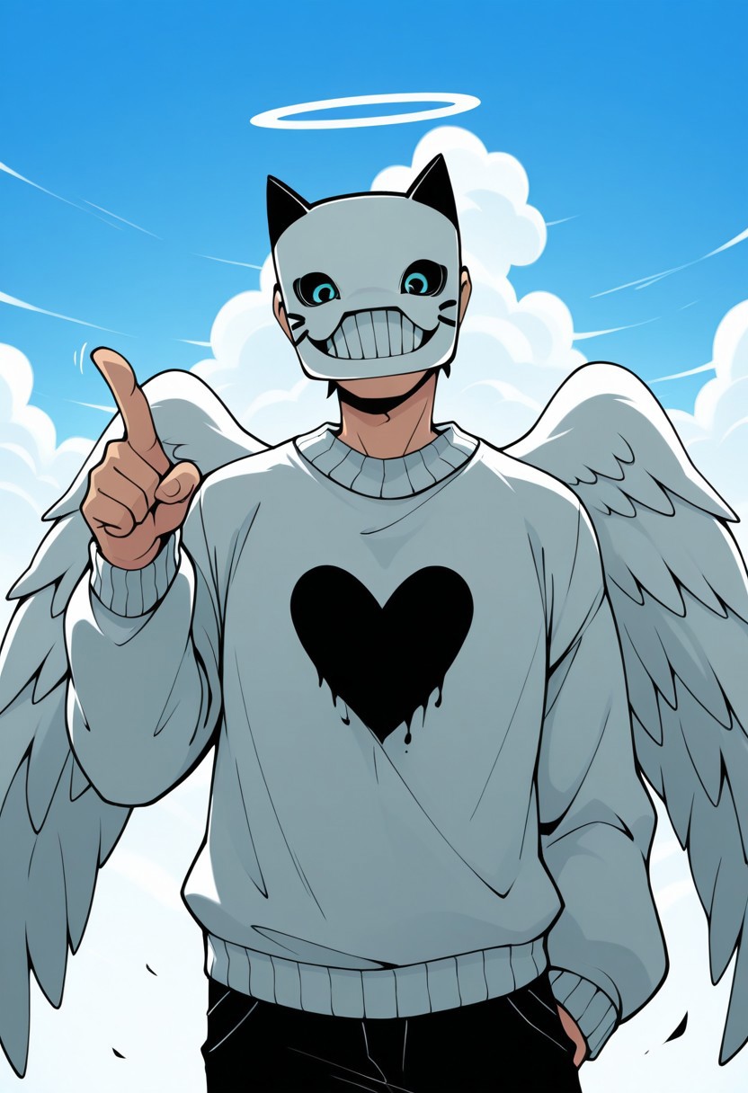Zacharie_off, sweater with heart, grinning cat mask, hidden face, angel wings, blue sky and clouds, pointing, BREAK masterpiece, best quality, absurdres, newest, perfect quality, best quality, absolutely eye-catching, detailed background, intricate details