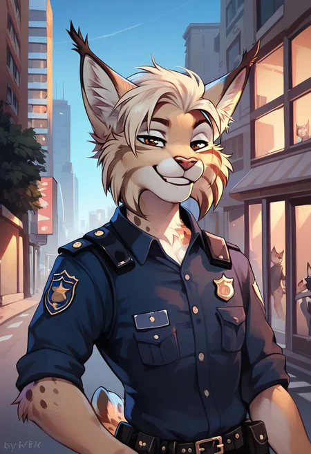 score_9, score_8_up, score_8, 1boy, anthro lynx, blonde hair, brown eyes, smooth, police uniform, smug, smiling, outside, City, detailed background, pov, highly detailed, perfect, high quality, posing