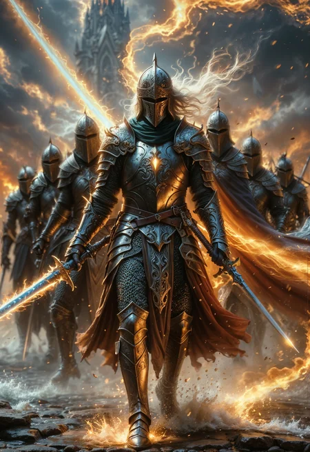 depiction of a group of armored knights marching forward with determination. The lead knight, adorned in intricate, shining armor, wields a blazing sword emitting fiery light. The background features a dramatic sky with swirling clouds and flashes of lightning, adding intensity to the scene. The knights are clad in detailed, medieval armor, their helmets obscuring their faces, creating an aura of mystery and power. The scene captures the energy of a heroic march towards a grand castle visible in the distance, with the ground beneath them crackling with magical energy.,(Style epic Fantasy:1.4), HK, flow, dissolve