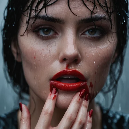 cinematic film still of  <lora:perfection style:0.1>
 <lora:detailed:0.3>
 <lora:Chiaroscuro Lighting Style:0.3>
A detailed and A perfect photo of a wet woman with a black dress and a red lip covered in blood in a scene from a horror film,hand focus,cinematic hand,best hand,better hand,awesome hand,different hand,1girl,looking at viewer,black hair,upper body,solo focus,blurry,wet,blood,depth of field,blurry background,finger to mouth,rain,blood on face,realistic,perfection,different color,perfect color,realistic,realism,detailed background,perfect background,different background ,perfect style, perfection style, detailed style, shallow depth of field, vignette, highly detailed, high budget, bokeh, cinemascope, moody, epic, gorgeous, film grain, grainy