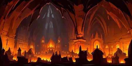 a dark cavernous cave monastery lit by torches and sconces with red and dark magical energy surrounded by tombstones and monuments graveyard 512PaintStyle3-Light