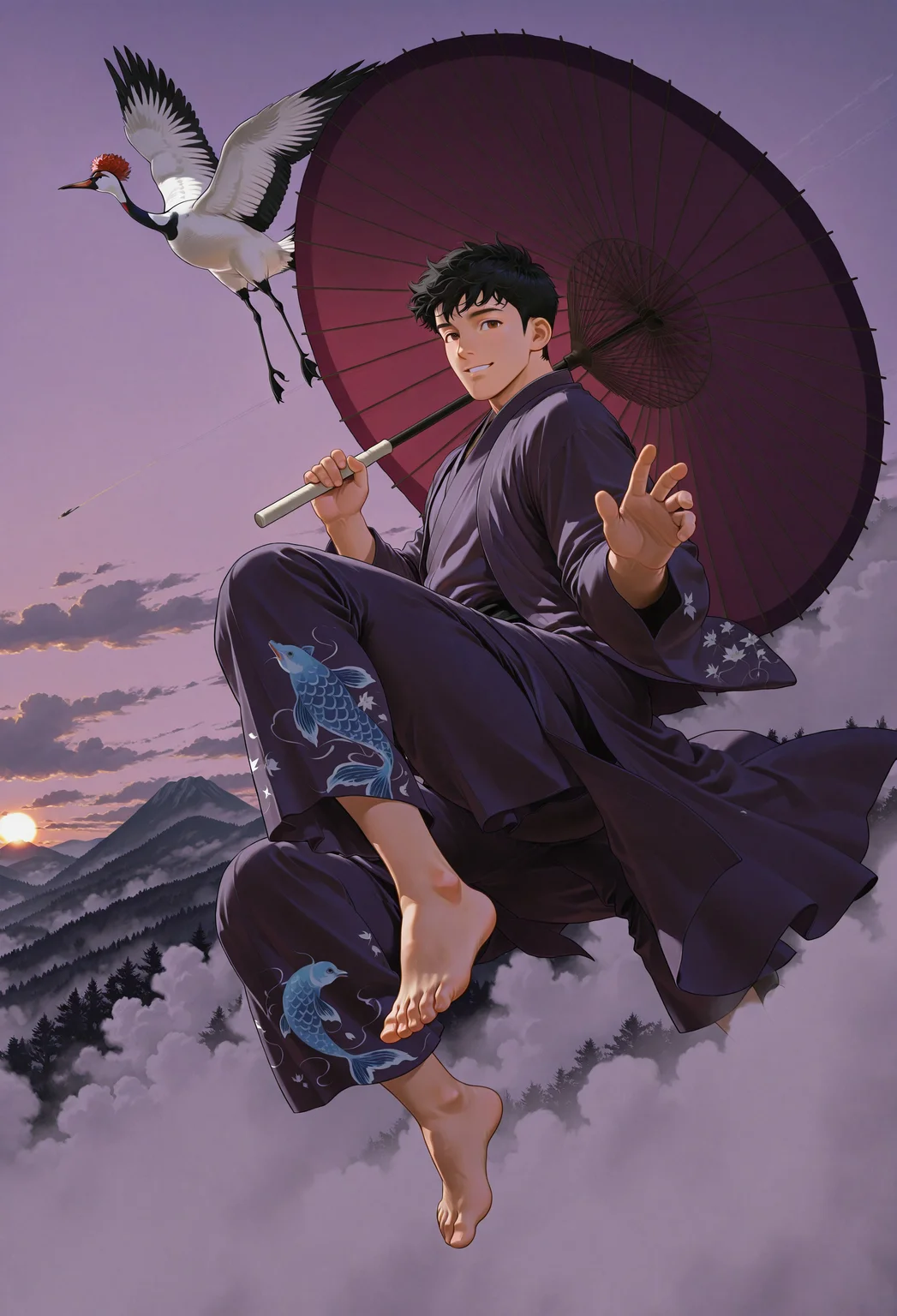 (flying in sky:1.3),sunset,relief,wide shot,fog, muted purple theme, (purple robe with blue koi print), BREAK, (flying red-crowned crane),looking to the side,holding umbrella,purple oil-paper umbrella,hand up,(dynamic pose),reaching towards viewer, (from below, windy),
1boy,black hair, brown eyes, perfect face, male focus,solo,(floating:1.3),(full body:1.3),happy,barefoot,knee up,
very awa,masterpiece,best quality,absurdres,newest,perfect quality,detailed background,intricate details,
detailed,hu99y, pinus, bird view, film grain, dramatic light, rim light, mountains, painting style