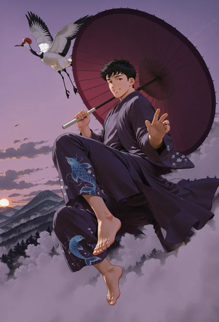 (flying in sky:1.3),sunset,relief,wide shot,fog, muted purple theme, (purple robe with blue koi print), BREAK, (flying red-crowned crane),looking to the side,holding umbrella,purple oil-paper umbrella,hand up,(dynamic pose),reaching towards viewer, (from below, windy),
1boy,black hair, brown eyes, perfect face, male focus,solo,(floating:1.3),(full body:1.3),happy,barefoot,knee up,
very awa,masterpiece,best quality,absurdres,newest,perfect quality,detailed background,intricate details,
detailed,hu99y, pinus, bird view, film grain, dramatic light, rim light, mountains, painting style