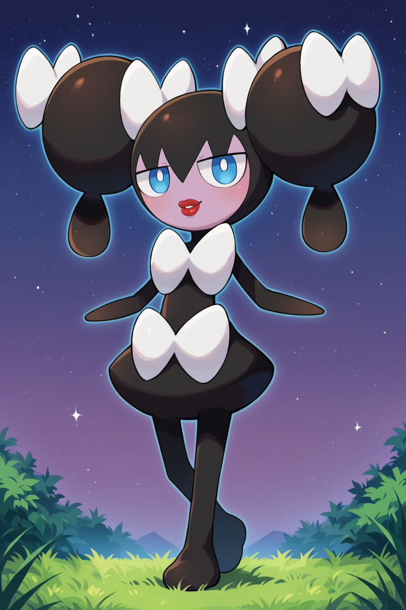 score_9, score_8_up, score_7_up, score_6_up, BREAK  gothorita,pokemon \(creature\), solo,full body,two-tone skin,white hair bow, twintails, smile, blue eyes, red lips,night sky, starry sky, tall grass,white bow, purple sky        <lora:GothoritaPony:1>