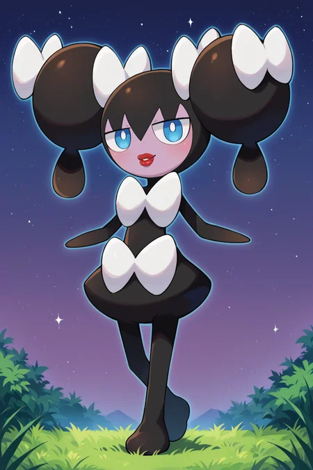 score_9, score_8_up, score_7_up, score_6_up, BREAK gothorita,pokemon \(creature\), solo,full body,two-tone skin,white hair bow, twintails, smile, blue eyes, red lips,night sky, starry sky, tall grass,white bow, purple sky <lora:GothoritaPony:1>