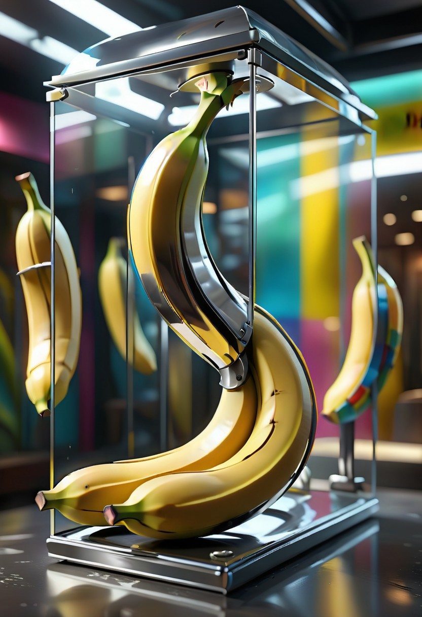 a magnificent floating banana made up of Jed-Steel, inside a glass case, a colorful sex shop interior in the background