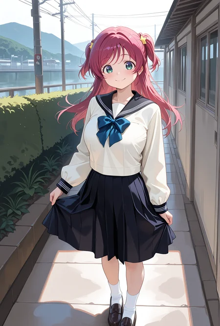 school uniform, white_serafuku,neckerchief, bowtie, black sailor collar, bow, long sleeves, shoes, white socks,looking at viewer, solo, outdoor,
1girl, yumehara nozomi, long hair, hair ornament,(large breasts:0.7), smile,
<lora:white_serafuku:0.9>, masterpiece,best quality,amazing quality,ultra detailed, very aesthetic,absurdres,skinny,general,highres, ultra-detailed, amazing quality, newest, scenery,beautiful detailed hair, beautiful detailed eyes, beautiful detailed face, dynamic lighting, super detailed skin,sharp focus,