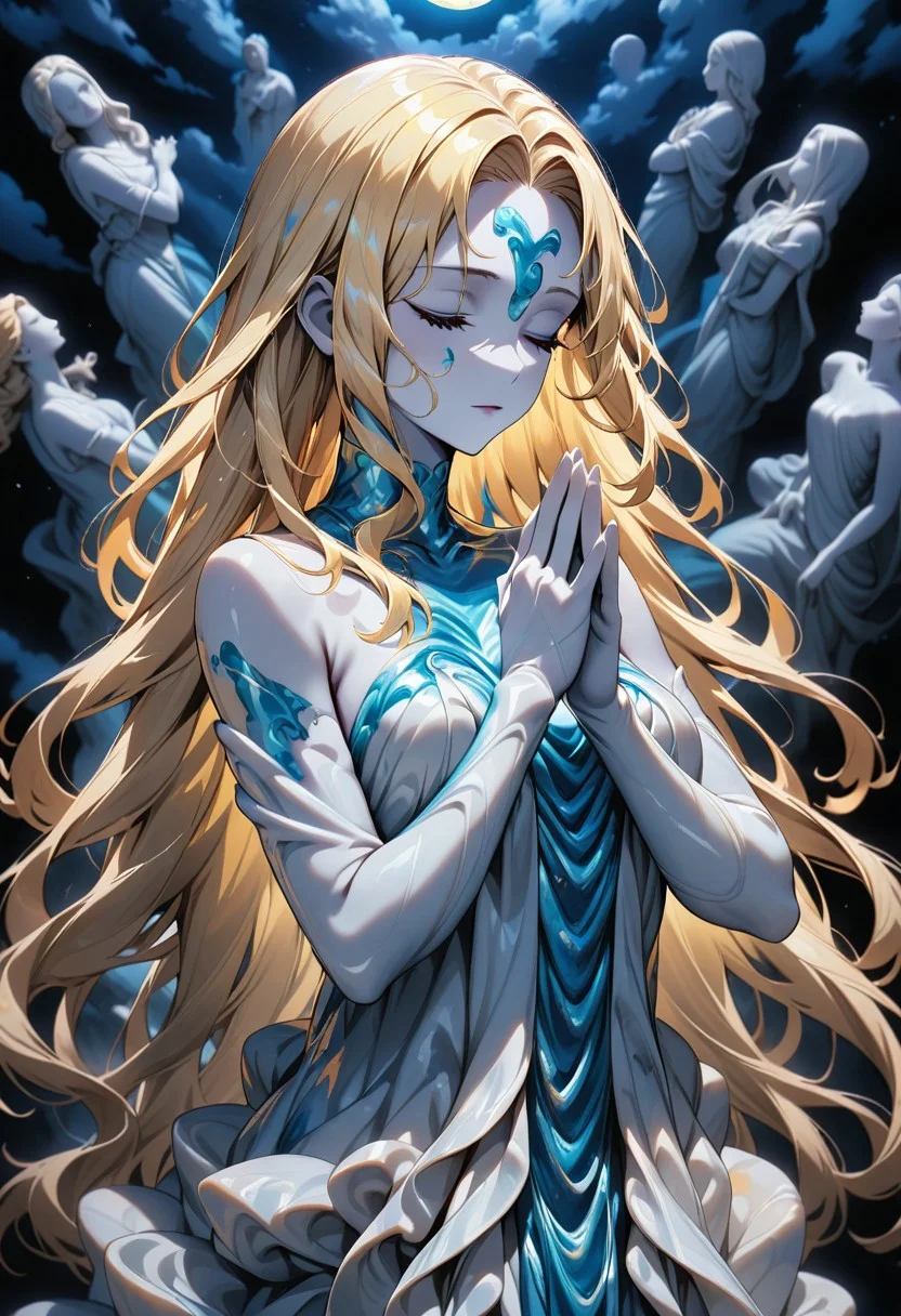 ((masterpiece), (best quality), (ultra-detailed),
, 1woman, solo, light, upper body, long hair, blonde hair,
elbow gloves, illustration, 2DMM,
dress made of Liquid Marble, blind, offer prayers, pray pose, hands together, white skin, pale skin,
upper body, moon, standing white dress, belt,
From side-above,stars, night, sky, Liquid Marble, face focus, portrait, Marble woman , marble clothes, marble hair, marble skin ,(statue:1.2),
)
