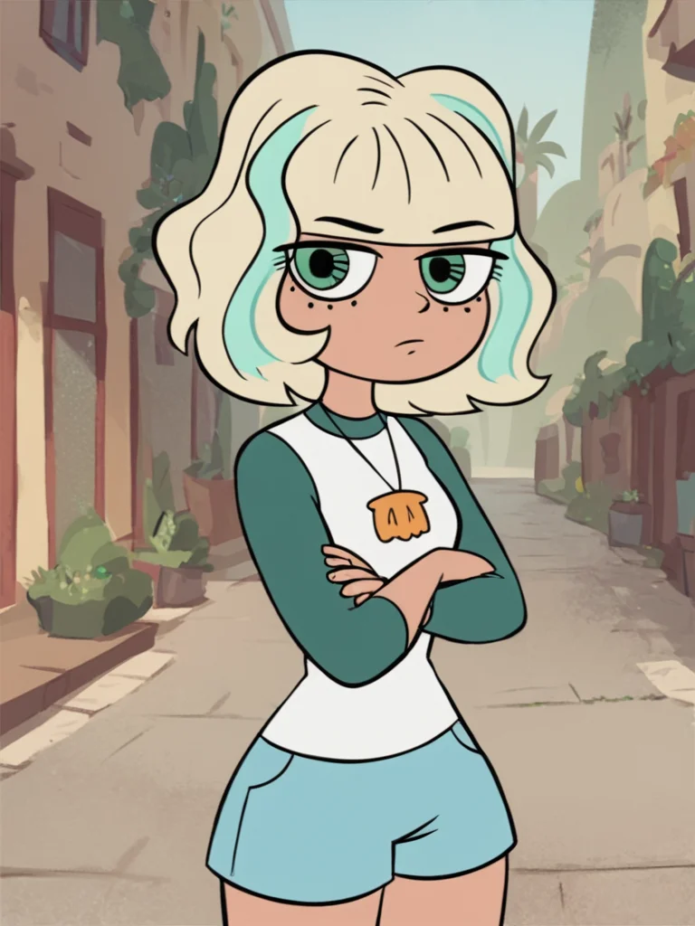 <lora:JackieLPony1.0:0.8> jackiel, blonde hair, 1girl, green eyes, solo, multicolored hair, short hair, shirt, shell necklace, bangs, crossed arms, long sleeves, blue shorts,looking at viewer,standing,,outdoors,cowboy shot, score_9, score_8_up, score_7_up, score_6_up