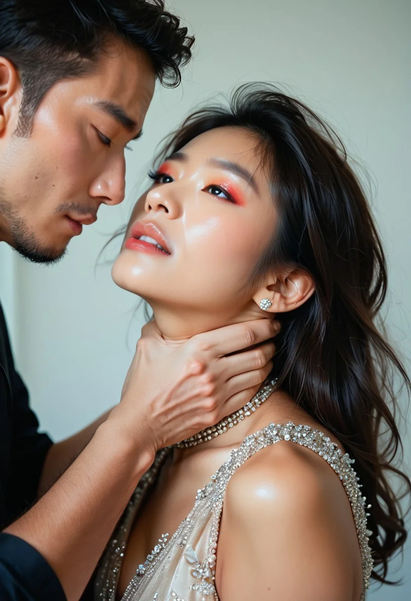 score_9, score_8_up, score_7_up, score_6_up, hetero, wearing eveningwear, low lights, masterpiece, highly detailed, beautiful hair, jewellery, accessories, neckchoke, 1girl, 1boy, hand on neck, asian, viewed from side, clothed, hands, man choking woman,