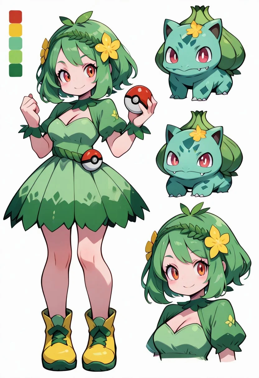 CharacterDesignIllustrious, reference sheet, simple white background, color guide, (multiple views), (full body), dynamic pose,
,,,
cute girl,
,,,
bulbasaur companion, green hair, floral headband, leafy outfit, vibrant green dress, yellow shoes, pokeball on belt, flower patterns, nature-filled background
,,,
1 pokemon in background,
pokemon trainer outfit, focused look, cleavage, holding pokeball, looking at viewer, smile,