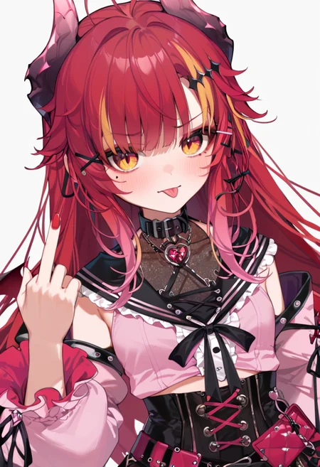 score_9_up, score_8_up, score_7_up, score_6_up, 1girl, (SudaYoruka:1), dragon horns,
pink shirt, black collar, red nails, nail polish, jirai kei, detached sleeves,
(middle finger:1), annoyed, tongue out,
cowboy shot,
looking_at_viewer, dynamic_angle, dutch angle, cinematic_angle, <lora:SudaYorukaXL_autismmixPony2:1>, rating_safe, sfw, masterpiece, newest, absurdres