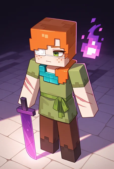 <lora:alexmc-05:1> alexmc, orange hair, 1girl, solo, green eyes, long green shirt, brown pants, short sleeves, freckles, square arms, square body, green waist ribbon, minecraft end, minecraft end dimension, long tall black pillars in the background, fighting black dragon, purple fire, purple sword, blue chest plate armor, scars, injury, white sand floor, white eye patch,, masterpiece, best quality, amazing quality, very aesthetic, absurdres, newest,
