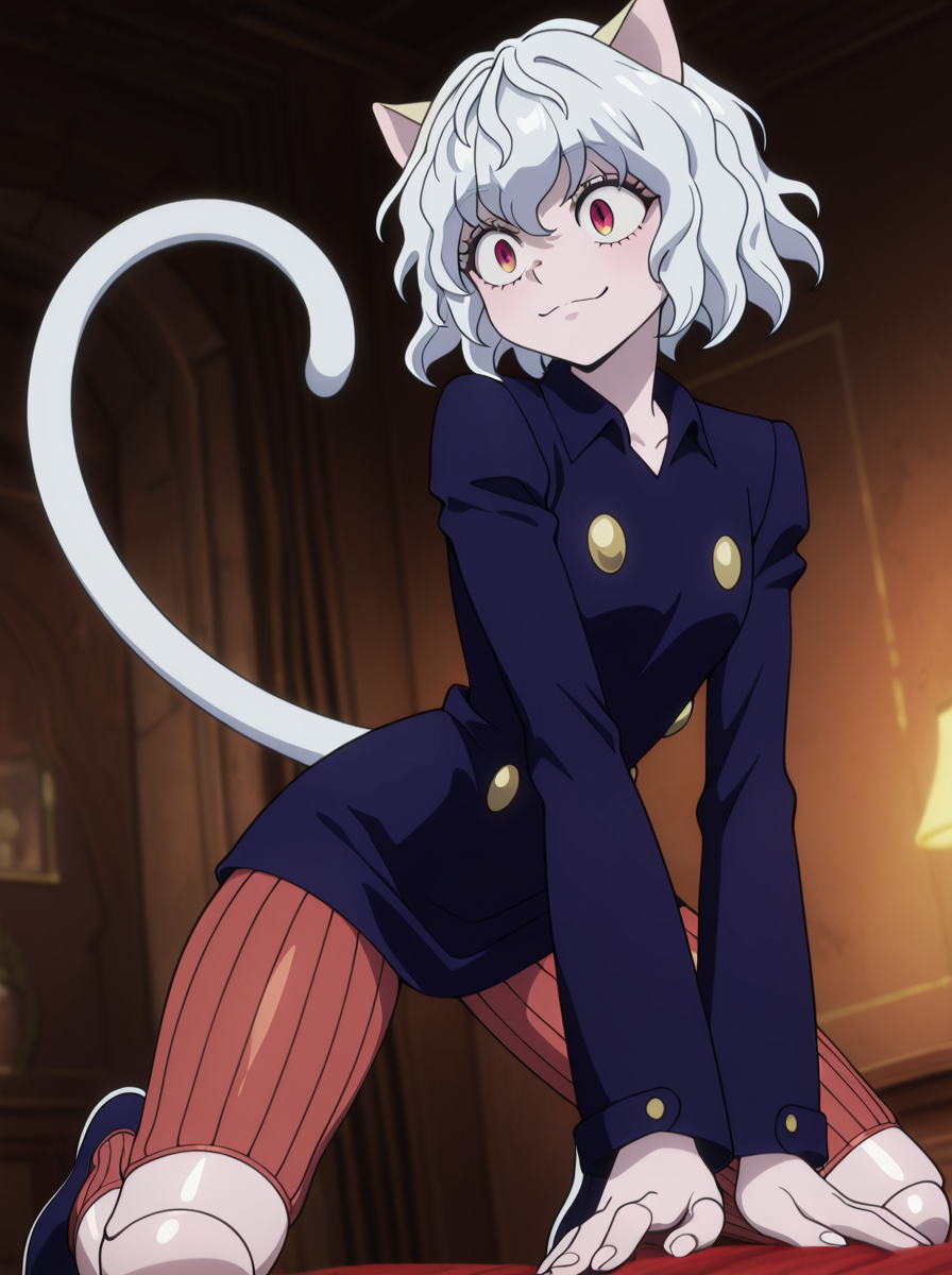 masterpiece, best quality, amazing quality, very aesthetic, absurdres, newest,shiny skin,  anime screenshot, 
 <lora:Neferpitouillust:1>1girl, neferpitouillust, other focus, solo, animal ears, cat ears, tail, cat tail, androgynous, short hair, white hair, smile, doll joints striped pants,
