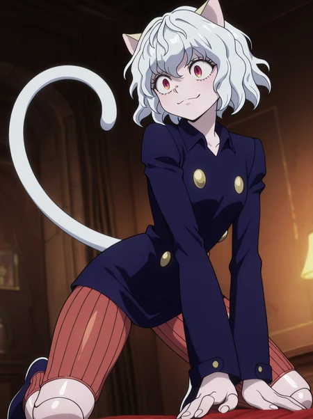 masterpiece, best quality, amazing quality, very aesthetic, absurdres, newest,shiny skin,  anime screenshot, 
 <lora:Neferpitouillust:1>1girl, neferpitouillust, other focus, solo, animal ears, cat ears, tail, cat tail, androgynous, short hair, white hair, smile, doll joints striped pants,