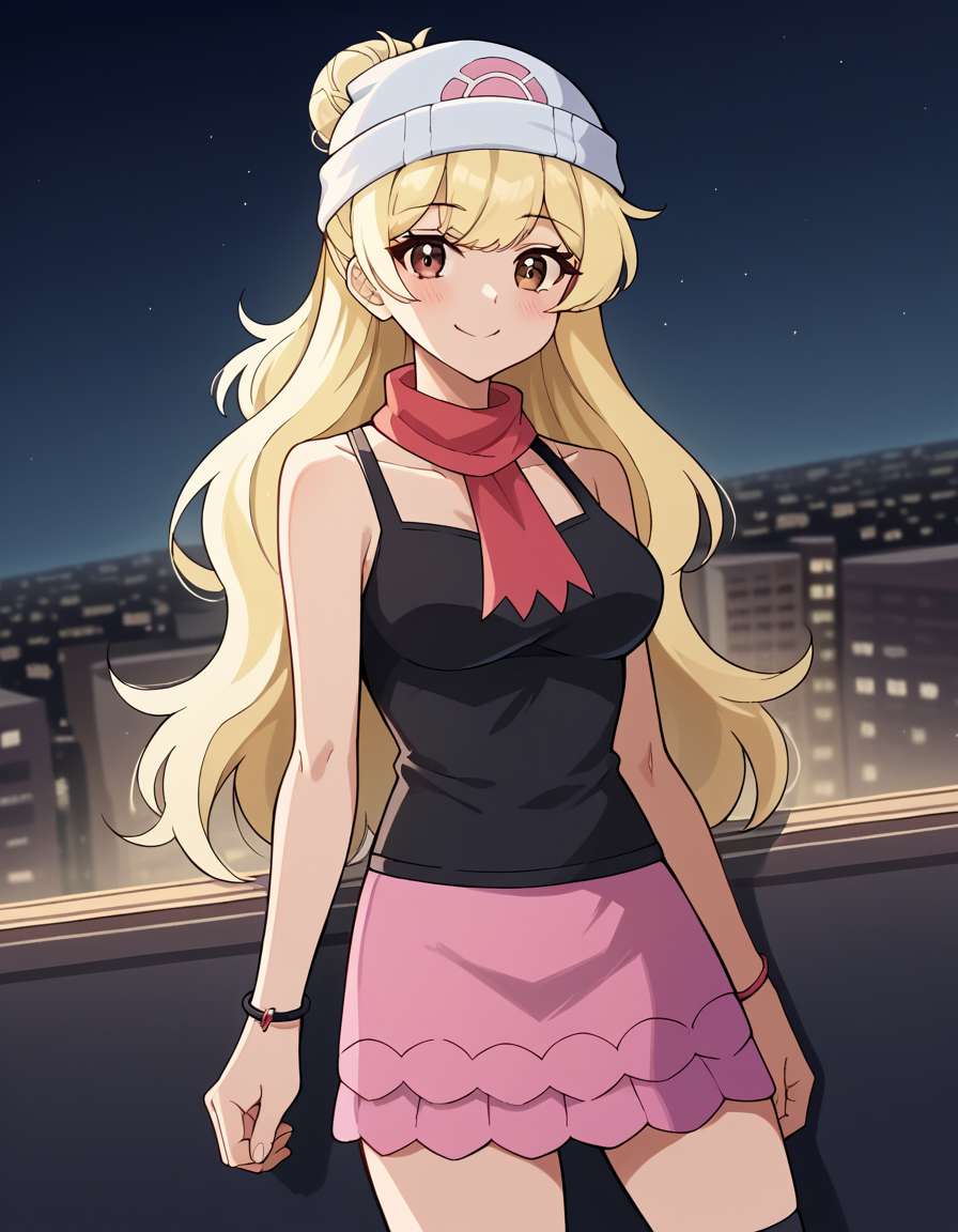 score_9, score_8_up, score_7_up, source_anime, <lora:classof09-jecka-ingame-ponyxl-lora-nochekaiser:1>, jecka, long hair, bangs, blonde hair, brown eyes, medium breasts, hair bun, single hair bun,, <lora:dawn-pokemon-cosplay-ponyxl-lora-nochekaiser:1>, dawnpokemoncosplay, dawn (pokemon) (cosplay), bare shoulders, beanie, black shirt, black socks, bracelet, hat, jewelry, kneehighs, miniskirt, pink skirt, red scarf, scarf, shirt, skirt, sleeveless, sleeveless shirt, white headwear,, cityscape, street, smile, blush,, , dutch angle,