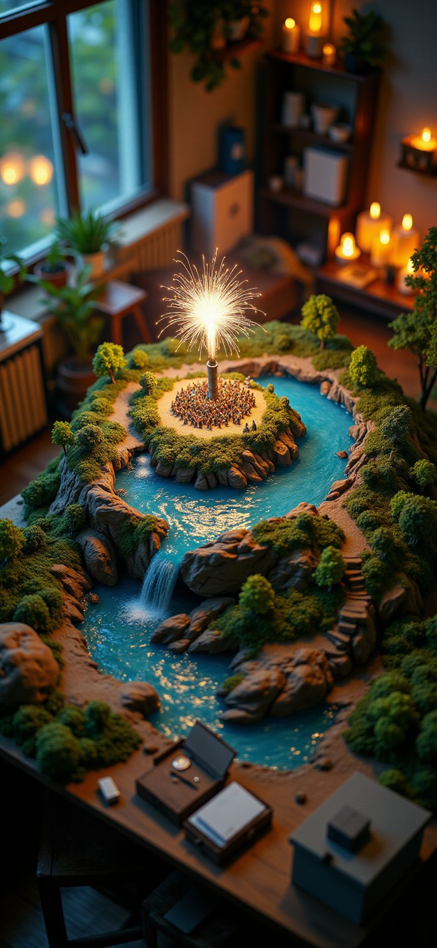 (indoor,very wide isometric view,tilt-shift lens:1.6), (windowless,fna_style,miniature,miniature,diorama,miniature,diorama,PVC,plastic:2),dawn grass,forest,led with fiber lights,fireworks,concert with crowded  at (floating island,levitating  island:1.5) on (table:2) at (attic:2.5)   <lora:Diorama_Flux:1>
<lora:Fantasy_Novel_Art_Style:1>