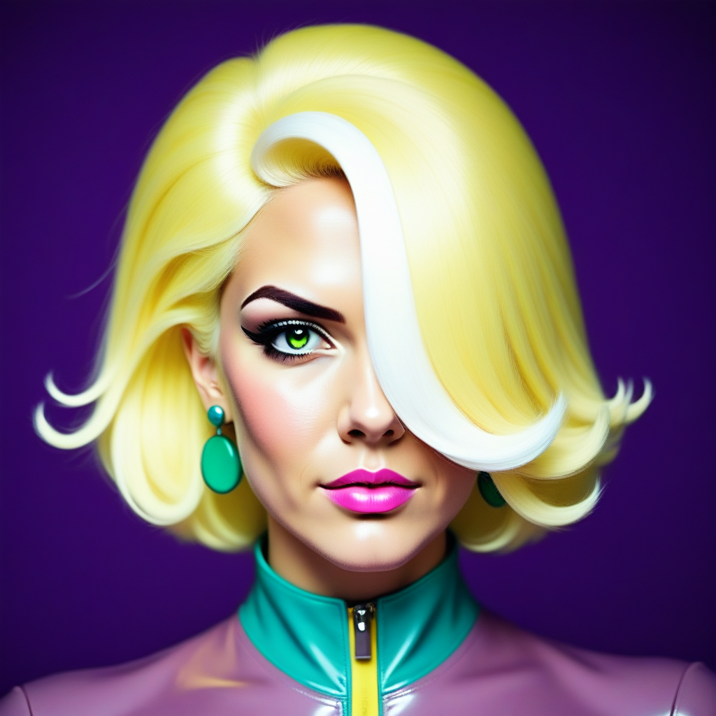 docblight, doctorblight, doctblight, portrait of a female character, vibrant blonde hair, blonde hair with a small white streak, short voluminous hairstyle, hair over one eye, pink lips, green eyes, vibrant green pupils, black eyebrows, turquoise earrings, shiny pink collar, retro-futuristic look, confident expression, dark soft purple background