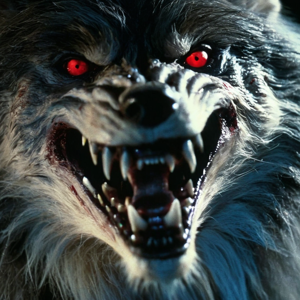 Horror-themed,  <lora:Fright Night 1985 Film Style:1>
Cinematic Closeup Shot Film Footage captured by Panavision Cameras and Lenses, vampire Werewolf creature a wolf with red eyes and a black background staring at camera with open scary mouth in a dark room with cool blue light on, Fright Night 1985 Film Style, Eerie, unsettling, dark, spooky, suspenseful, grim, highly detailed